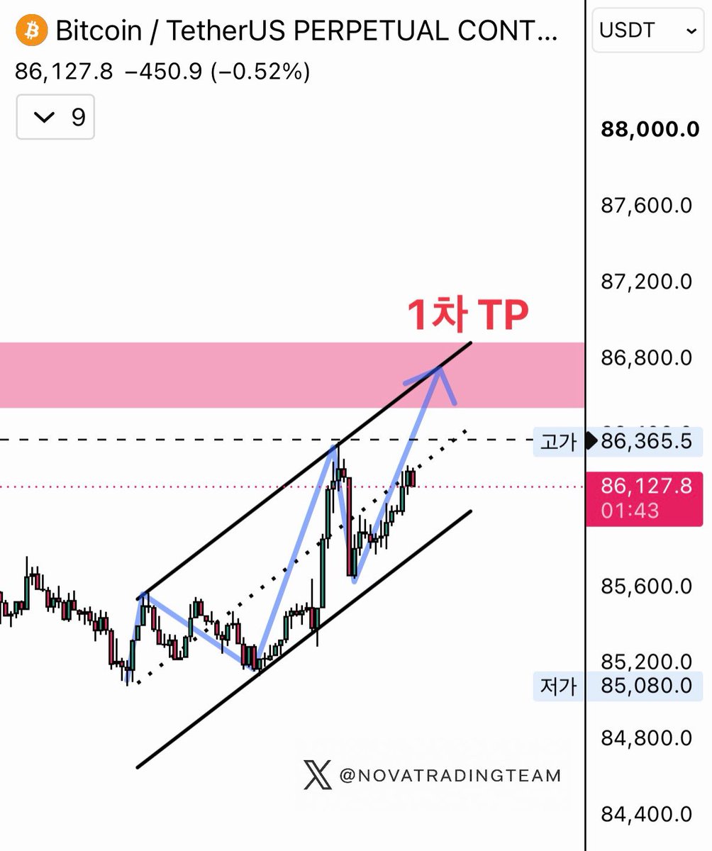 NOVATRADINGTEAM's tweet photo. [BTC 실시간 차트 update]

단기 상승채널 유지 중.
🎯 $86.6K~$86.9K 도달 시 반익 예정. https://t.co/Gk5WNT0eBv
