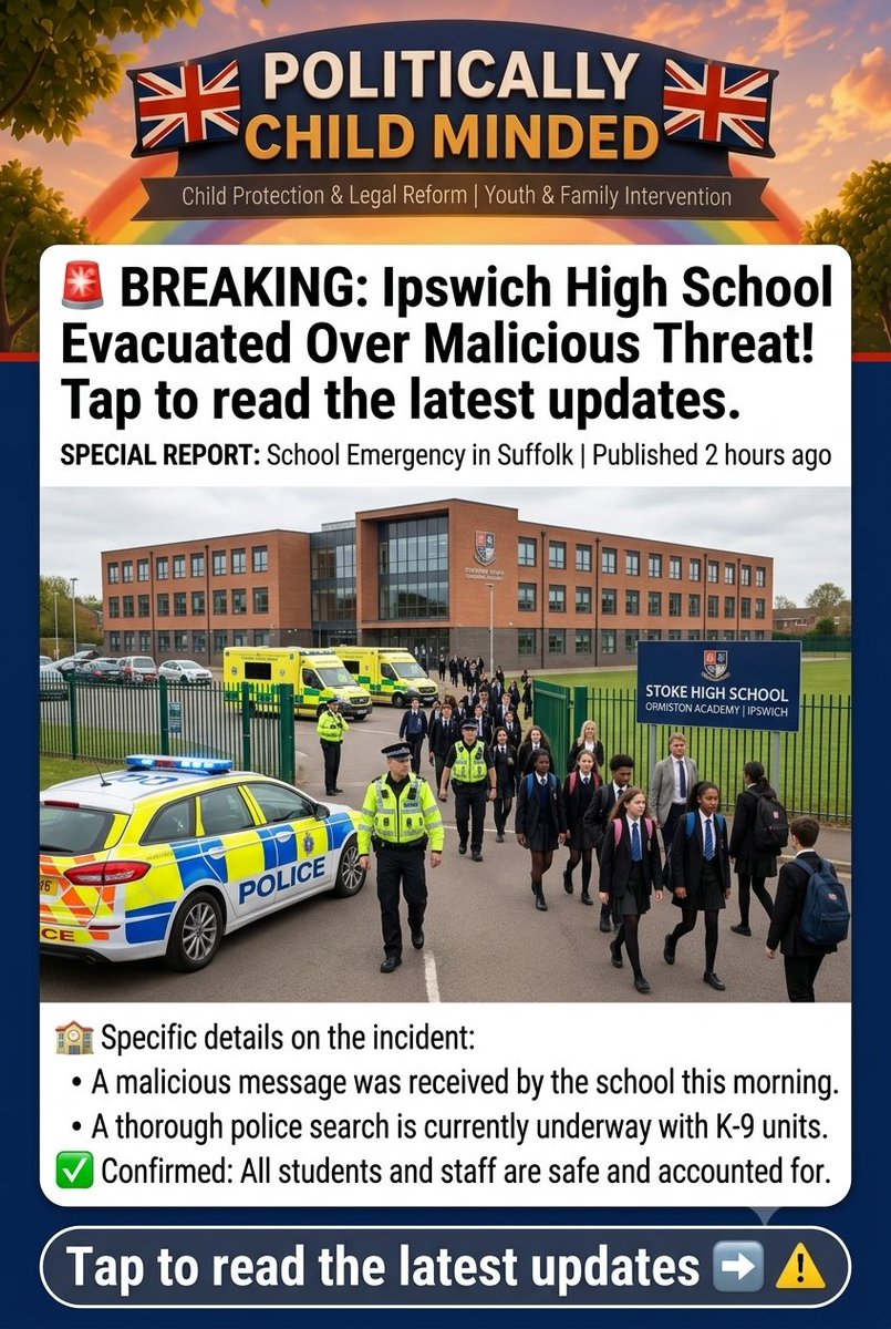 ChildPoliticsUK's tweet photo. 🚨 BREAKING: Ipswich High School Evacuated Over Malicious Threat! Tap to read the latest updates. 
See details in comments 👇💬✨
#politicallychildminded 
#Ipswich #BreakingNews #SuffolkPolice https://t.co/IrDXUnFamU