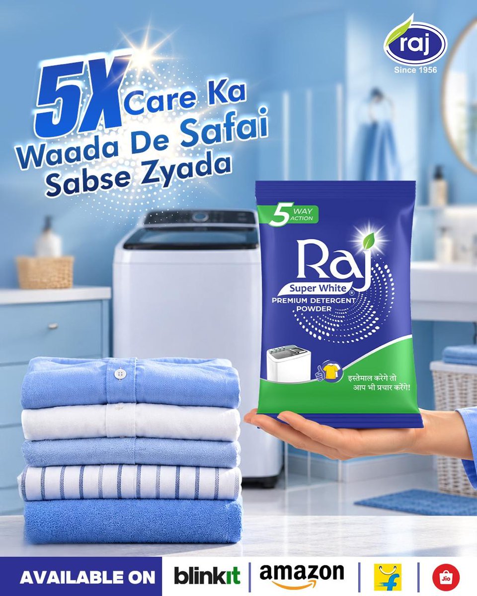 RajSuperWhite's tweet photo. Fresh kapdon ki khushboo aur perfectly clean wash… bas isi feeling ka naam hai laundry done right. 🤍
Raj Super White ke saath har din shuru ho fresh.
#RajSuperWhite #LaundryBar #FreshClothes #CleanClothes #LaundryCleaning #KapdonKiSafai #StainRemoval #LaundryCare #WashingTips https://t.co/QUctHaRdXI