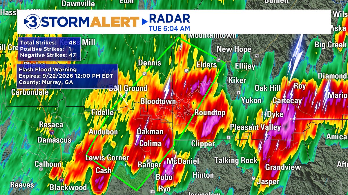Local3Weather's tweet photo. A Flash Flood Warning is in effect until 12:00 PM ET (9/22) for portions of Fannin, Gilmer, and Gordon Counties. Slow-moving storms have dumped up to 2" in the warned area so far this morning. 

Locations Impacted: Ranger, Carters, Oakman, Tails Creek, Audubon, and Redbud. https://t.co/V8nPEm1FXo