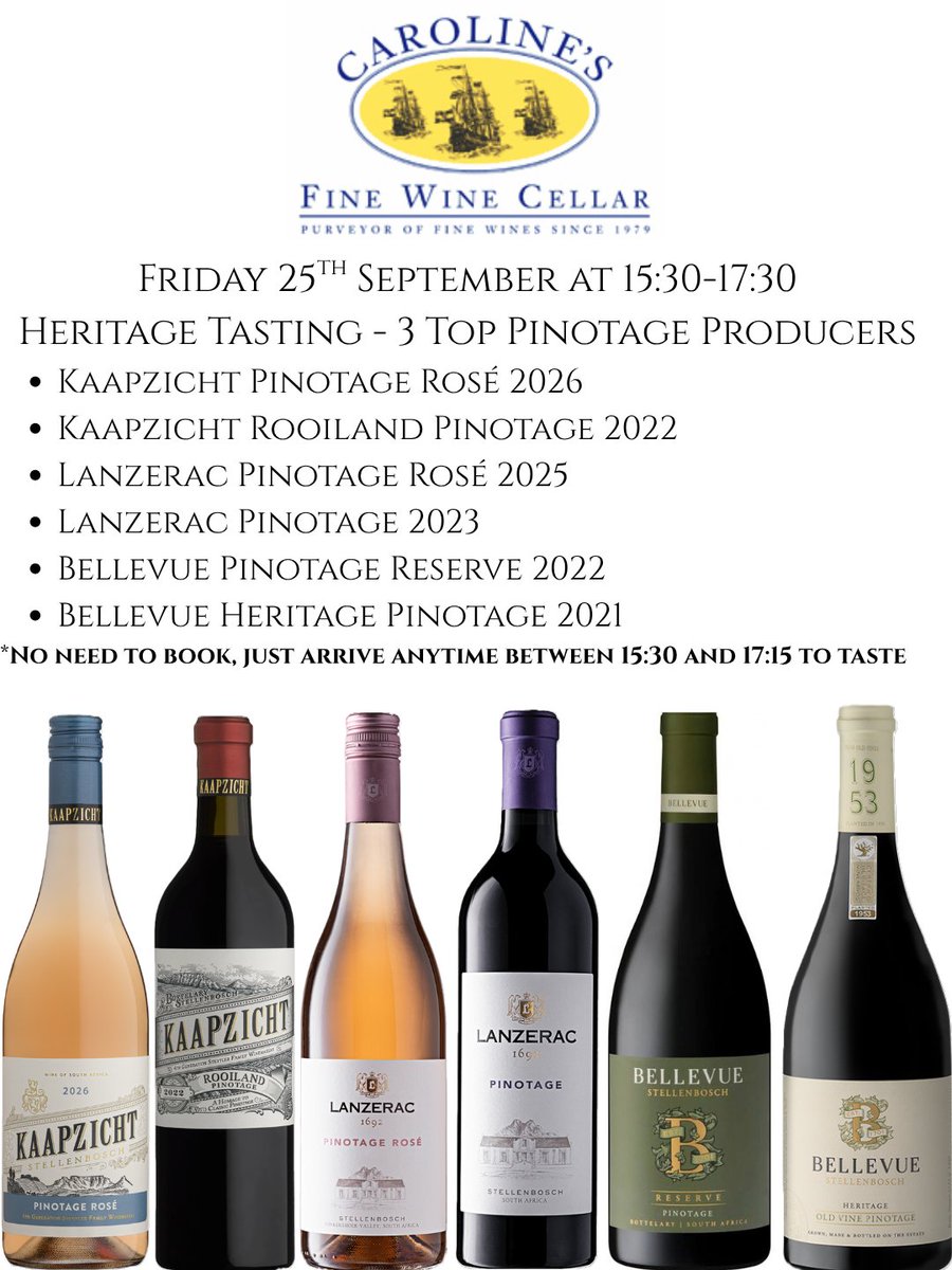 CFWCStrandStr's tweet photo. 🍷 Heritage Tasting Alert! Join us this Friday, 25 Sept (15:30–17:30) as we feature 3 top Pinotage producers: Kaapzicht, Lanzerac &amp; Bellevue.   No booking needed—just pop in between 15:30 and 17:15 to taste! 🍇✨   📍 Caroline's Fine Wine Cellar
#Pinotage #WineTasting #SeaPoint https://t.co/KfdBwEewjp