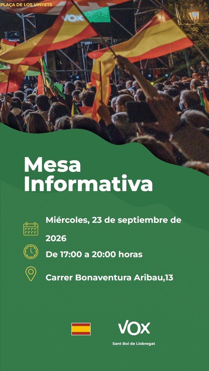 VOXSantBoi's tweet photo. Buenos días compatriotas!!! 
Os esperamos mañana miércoles 23 de septiembre, de 17 a 20 hr en Plaça Vinyets!! 
SIN MIEDO A NADA NI A NADIE!!!
💪🏻🇪🇸👍🏻 https://t.co/DTNBkocZTs