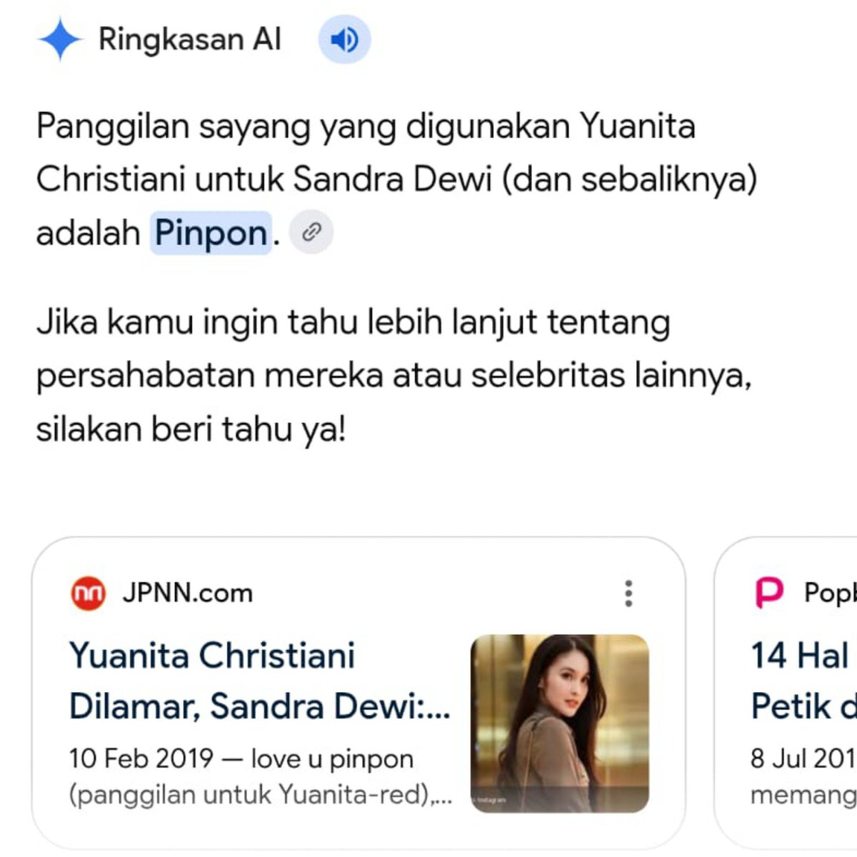 seduhtehnya's tweet photo. SANDRA DEWI, is that you?

Yuanita Christiani baru aja posting foto kolase sama seorang cewek cantik yang dia sebut sebagai saudara, soulmate, dan sosok yang membuatnya nyaman menjadi diri sendiri.

Kalau diperhatikan, wanita itu mirip Sandra Dewi!!! Soalnya Yuanita emang sahabatan dekat sama dia kaan.

Pas mintea cek di gugel, ternyata emang bener panggilan sayang Yuanita buat Sandra Dewi adalah "Pinpon" sesuai dengan yang ditulis di keterangan foto.

Btw, Sandra Dewi emang bener-bener menghilang dari dunia hiburan maupun media sosial sejak kasus korupsi timah yang menjerat suaminya, Harvey Moeis.

Tapi beberapa waktu lalu, ada netizen yang ngaku papasan sama anak-anak Sandra Dewi yang katanya lagi jalan-jalan ke Singapura.

Jadi, gimana kabar Sandra Dewi sekarang yaa? Ada yang kangen?
