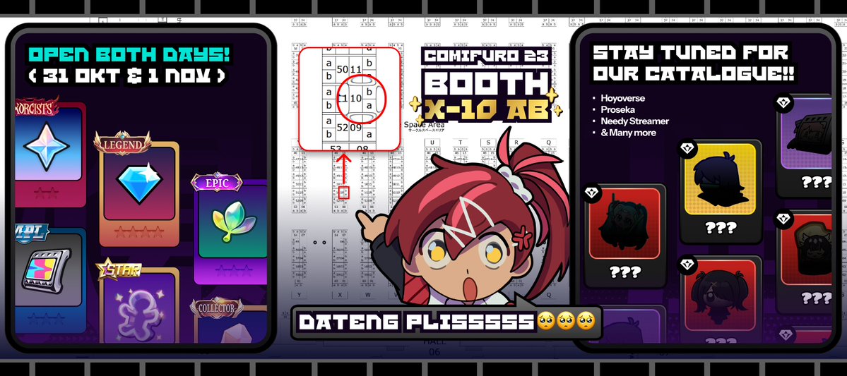 bakudanhantam's tweet photo. 💣📍 BOOTH REVEAL! 📍💣

Rage Baiters! Akhirnya lokasi BakuTam di #CF23 sudah diumumkan! 👀

🎪 𝗫-𝟭𝟬 𝗔 &amp; 𝗕

Katalog merch bakal segera di-announce! Ajak teman kalian dan mampir ke booth ya, awas kalau enggak!! 🫵💢

Keep Rage Baiting!!

#BakudanHantam #BakuTam #Comifuro23 https://t.co/XId0rg2fzz