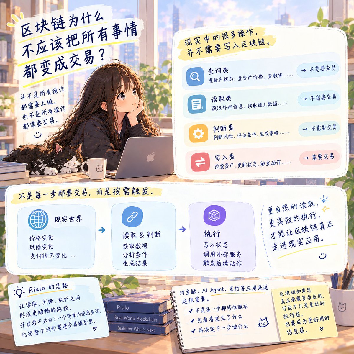 huang32239's tweet photo. 以前接触区块链的时候，很容易形成一个习惯：想做任何事情，第一反应都是发一笔交易。

但现实里的应用显然不是这样。查一下账户状态，不需要交易。看看资产价格，不需要交易。读取一份数据，也不应该每次都产生一次链上操作。

真正需要写入状态、改变资产或者触发动作的时候，才需要执行。

所以我觉得一个成熟的链，除了“怎么执行”，其实还要解决一个很基础的问题：

怎么更自然地读取世界。这也是 Rialo 让我比较关注的地方。

如果读取、判断、执行之间能够形成更顺畅的路径，开发者就不用为了一个简单的信息查询，也把整个流程塞进交易模型里。

对于金融、AI Agent、支付这些应用来说，这一点其实很重要。因为现实世界里的大部分操作，本来就不是“每一步都修改账本”。

有时候只是先看看发生了什么，再决定下一步做什么。

区块链如果想真正承载复杂应用，可能不只是要成为一个更好的执行层，也要成为一个更好用的信息层。

@RialoHQ