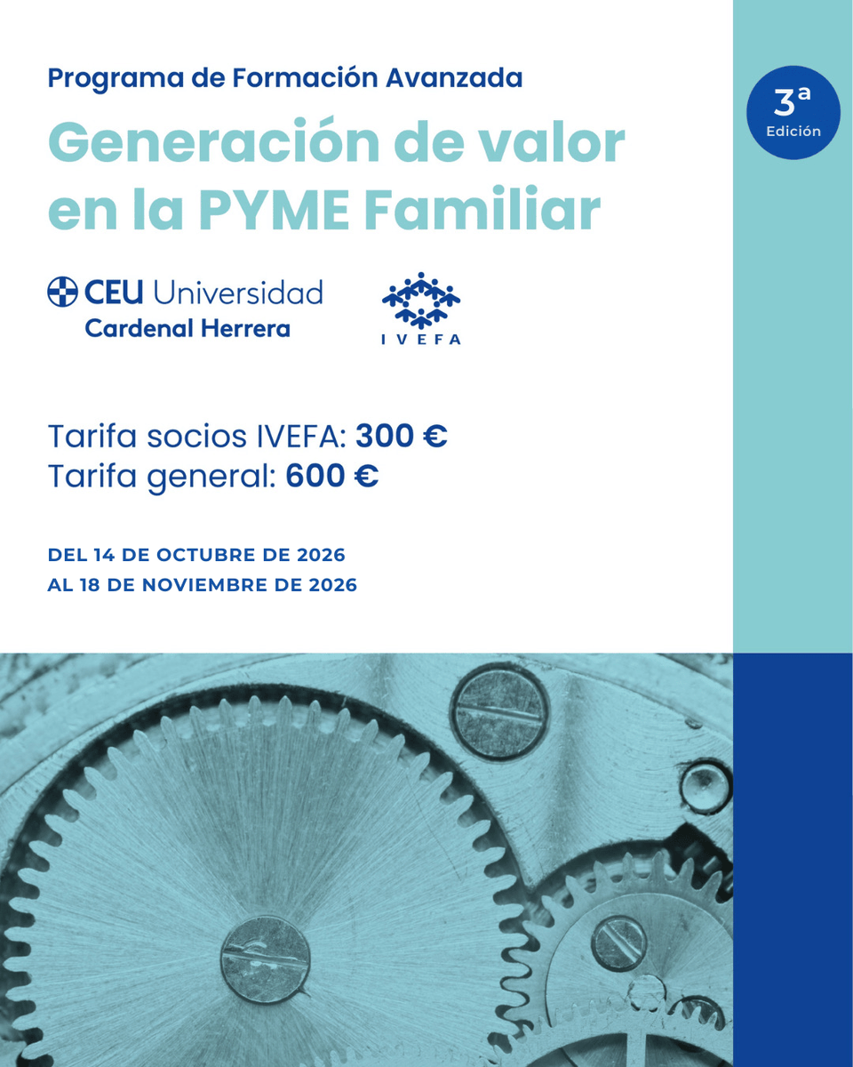 IVEFAasociacion's tweet photo. 💡Desde @uchceu e IVEFA, hemos puesto en marcha la III Edición de nuestro Programa de Formación Avanzada Generación de valor en la PYME Familiar para ayudarte a seguir definiendo o redescubriendo ese valor que marca la diferencia.
👉 https://t.co/9m0wATxidA https://t.co/y7FrhKaOtZ