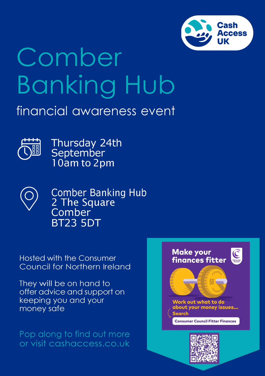 ConsumerCouncil's tweet photo. 📢If you’d like to learn more about how the Comber banking hub works and the services available, pop along on Thursday 24 September and find out more.

The Cash Access UK team will be at the hub between 10am and 2pm to answer your questions.

We will also be at the session, sharing information about financial tools and services as part of our Make your finances fitter campaign.

Comber Banking Hub is located at : 2 The Square Comber.

Further info on banking hubs➡ https://t.co/LET7l1LBvr 

Find out more about our campaign ➡ https://t.co/7udHpv4SHi
