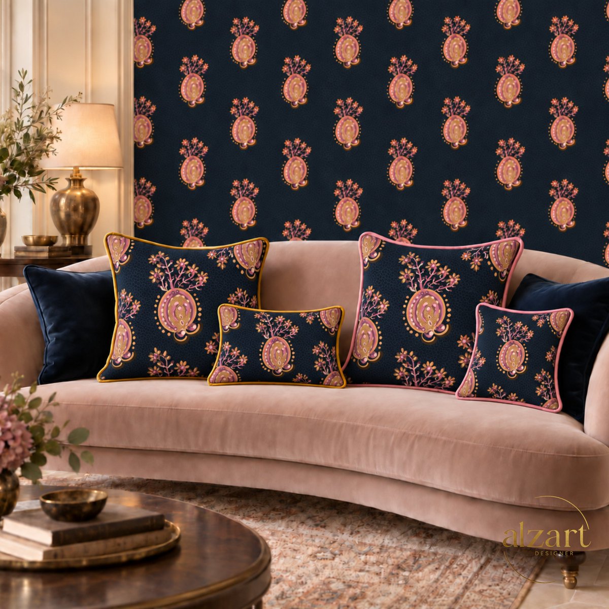 AlmanzartA69395's tweet photo. A bold botanical pattern where midnight blue meets warm pink and golden details, bringing elegance, character and a touch of modern luxury to wallpaper and cushions.

#SurfacePatternDesign #InteriorDesign #WallpaperDesign #TextileDesign #HomeDecor #Alzart https://t.co/CEtABb48VQ