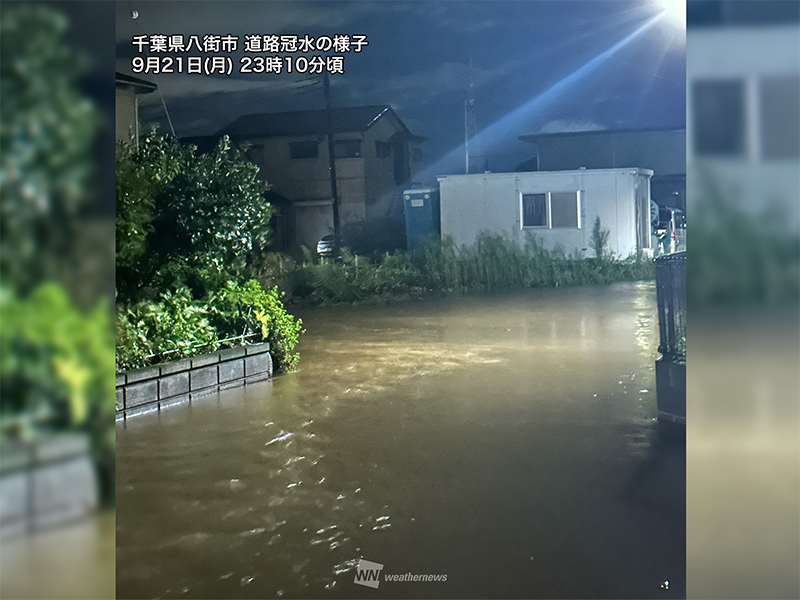 wni_jp's tweet photo. 【台風25号　千葉の被害】
ウェザーニュースでは浸水被害の状況に関する緊急アンケートを実施。約1万件の現地報告から、48%が川から離れた"高台のくぼ地"で道路冠水していたことが明らかになりました。
https://t.co/AShkcppuLB https://t.co/d8nbftWD5S