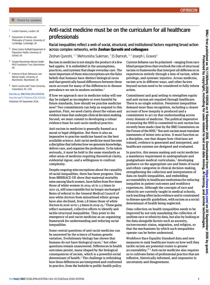 JamesLNuzzo's tweet photo. Woke Medicine
"In practice, this means making anti-racist medicine a mandatory requirement in undergraduate and postgraduate medical curriculums,7 developing guidance on the appropriate use and limits of racial and ethnic categories in clinical decision making, strengthening the collection and interpretation of data on health inequalities, and embedding accountability in healthcare institutions for reducing inequities in patient outcomes and workforce experiences. Although the concepts of race and ethnicity are currently taught in medical schools, such teaching often lacks evidence and is constrained to disease specific guidelines, with racism as a social determinant of health being neglected."