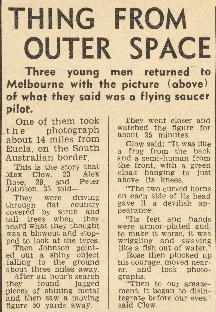 AlienArchiveX's tweet photo. In 1955, Sydney’s Daily Telegraph printed a photo of a saucer pilot near Eucla, Australia. Witnesses said it looked “like a frog from the back and a semi-human from the front” and was “wriggling like a fish out of water.”
Full Story: https://t.co/7lECRLFuaj

#ufos #aliens https://t.co/dsNT1AX7Px