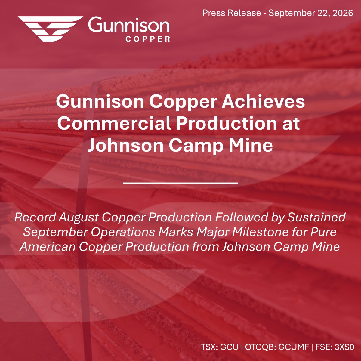 copper_gunnison's tweet photo. 🚨 BREAKING NEWS | Gunnison Copper Achieves Commercial Production at Johnson Camp Mine

Record August Copper Production Followed by Sustained September Operations Marks Major Milestone for Pure American Copper Production from Johnson Camp Mine

Full News Release: https://t.co/DKtSWAJYW4

$GCU.TO $GCUMF #Copper #Arizona #Mining