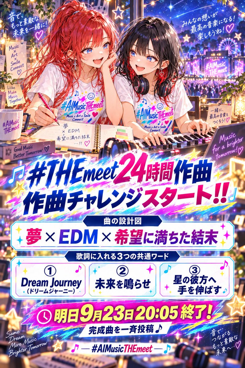 k7nature1's tweet photo. あっ❣️発表しちゃったのでスタートで行きましょう🤗💕

 #THEmeet24時間作曲 チャレンジ スタート‼️

🎼✨ #THEmeet24時間作曲
設計図＆3つの共通ワード発表‼️

アンケートと言葉の募集へのご参加、ありがとうございました🥰💕

みんなで同じお題から、それぞれ自由に1曲を作る24時間チャレンジ🎶
麗愛も皆さんと一緒に挑戦します🙌🔥

【今回の曲の設計図】
🌟テーマ：夢
🎧曲調：EDM
✨物語の結末：希望に満ちた結末

EDM（イーディーエム）は、電子音やビートを使ったダンス音楽です😊🎶

【歌詞に入れる3つの共通ワード】
① Dream Journey（ドリームジャーニー）
② 未来を鳴らせ
③ 星の彼方へ手を伸ばす

皆さんから寄せられた7つの候補から、チャッピー（ChatGPT）がランダムに3つ抽選しました🎲💕

この設計図をもとに、3つのワードをすべて歌詞に入れて、オリジナル曲を作ってください📝✨
言葉を入れる順番や、どんな夢を描くかは自由です❣️

⏰制作スタート
9月22日 20:05

🎉完成曲を一斉投稿
9月23日 20:05

AI音楽・DTMなど、制作方法は自由！
フル楽曲でもワンコーラスでも参加できます😊

完成作品には、こちらの2つのタグを付けて投稿してください👇
#AIMusicTHEmeet
#THEmeet24時間作曲

順位や優勝者を決める企画ではありません🌸
同じ設計図と同じ言葉から、どんな違う曲が生まれるのか、一緒に楽しみましょう🤭🎶

聴いて楽しむ参加も大歓迎❣️
みんなの夢を、それぞれの音楽で鳴らそう🥰💕