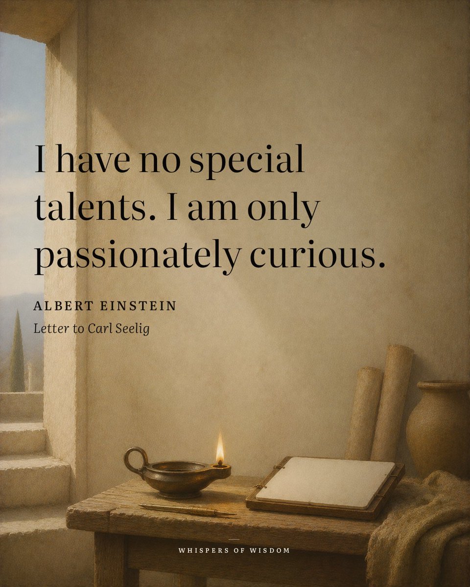 WisdomOfWhisprs's tweet photo. Curiosity rarely feels like a gift when you’re inside it. It can feel like restlessness, like never quite being satisfied with the easy answer. Einstein, of all people, understood this. He didn’t see his mind as a rare instrument. He saw it as a habit of paying attention.

That distinction matters. Talent is something you either have or you don’t. Curiosity is a choice you make again and again—to ask the next question, to look closer. You don’t need to be exceptional to do that.

Give yourself permission to follow the question. That is enough.

“I have no special talents. I am only passionately curious.”
— Albert Einstein