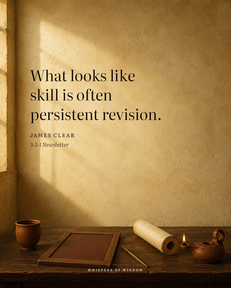 WisdomOfWhisprs's tweet photo. We tend to admire the finished thing—the effortless performance, the clean result. It looks like talent. But watch any skilled person closely enough and you will see them circling back, changing a word, adjusting a grip, redoing what they already did once. The magic is not in the first pass. It is in the willingness to look at your own work and say, *this can be better*. That is not a glamorous discipline. It is a quiet, stubborn one. And it is where real freedom lives: the freedom to keep improving, one revision at a time.

“What looks like skill is often persistent revision.”
— James Clear