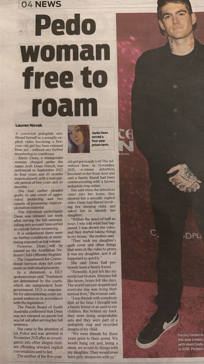 ThePlebeianPlea's tweet photo. @salltweets  this article headline in the @theTiser by @Lauren__Dailey (who has won several awards for her coverage of domestic violence) rejects reality in favour of the false identity a pedophile used to abuse a young girl.

A pedo MAN, Josh Dean French, is free to roam after being released upon completion of his sentence. He befriended a Mum with a young daughter, doing “girly sleep overs”. Turns out he was part of a pedophile ring…

But the headline… pedo woman…

Shame on you Advertiser and Lauren for rejecting sex realism and rejecting women.

#NotAWoman