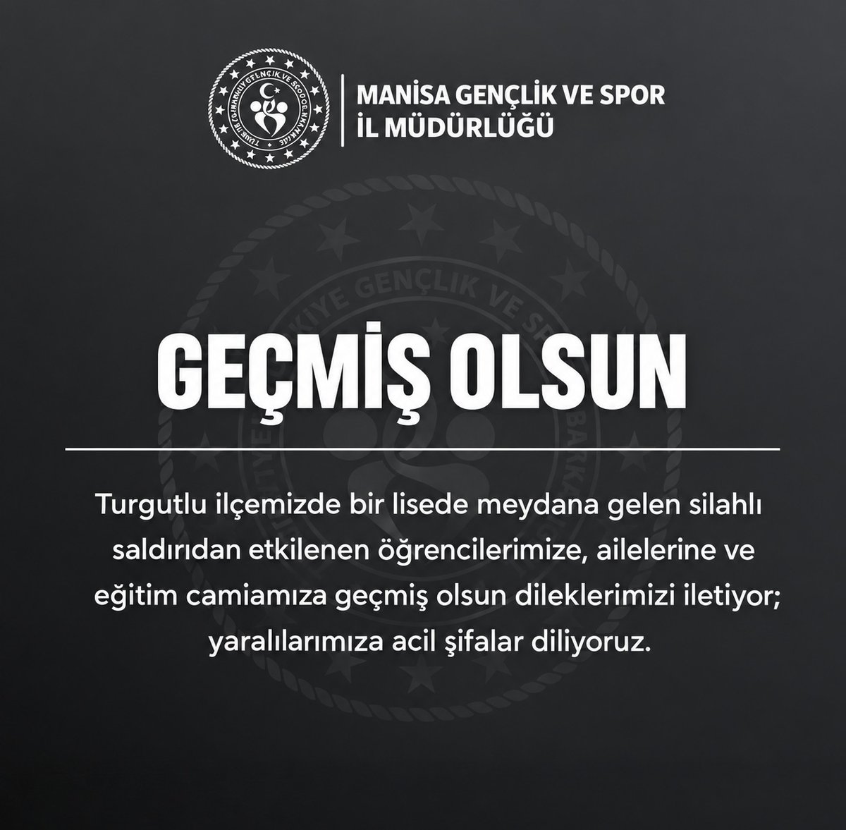 GSB_Manisa's tweet photo. Turgutlu ilçemizde bir lisede meydana gelen silahlı saldırıdan etkilenen öğrencilerimize, ailelerine ve eğitim camiamıza geçmiş olsun dileklerimizi iletiyor; yaralılarımıza acil şifalar diliyoruz. https://t.co/d77A3mnNen