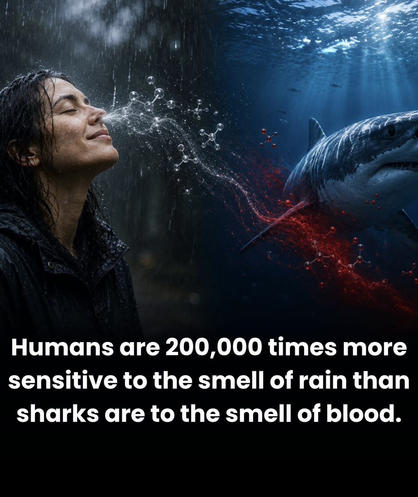 ShiningScience's tweet photo. 👃 YOUR NOSE MAY BE BETTER AT FINDING RAIN THAN A SHARK IS AT FINDING BLOOD

You know that smell in the air when rain is on the way? That earthy smell can sometimes reach you before the first drop even falls.

One of the main reasons is a chemical called geosmin. It is produced by bacteria living in soil, especially bacteria from the genus Streptomyces. And humans are ridiculously good at detecting it. Our noses can pick up geosmin at extremely tiny concentrations, sometimes just a few parts per trillion.

Sharks get all the attention for their sense of smell, especially the famous claim that they can smell a drop of blood from miles away. The reality is much less dramatic. Their chemical sensitivity is impressive, but the exact ability depends on the species and the substance.

So why are human noses so sensitive to something produced by dirt bacteria?

Nobody knows for sure. One interesting idea is that it may have helped our ancestors find water. Geosmin is often associated with wet soil and rainfall, so being able to detect it from a distance could have been useful in dry environments where finding water was a matter of survival.

And humans aren’t the only ones paying attention to it. Camels can detect geosmin too, and researchers have found an unusual connection between the chemical, desert animals and the bacteria that produce it.

There is another strange side to geosmin. It is also responsible for that muddy taste sometimes found in freshwater fish and contaminated water. The same molecule that makes wet soil smell so good can make food taste awful.

And that famous smell after rain has a name: petrichor. The word was coined in 1964 by Australian researchers who were studying the oils and compounds released from dry earth and rocks when rain arrives.

So when you smell rain before you see it, you’re not imagining things.

Your nose is detecting chemistry happening around you — and that ability may be much older than human civilization itself.

Source: U.S. Geological Survey (USGS)