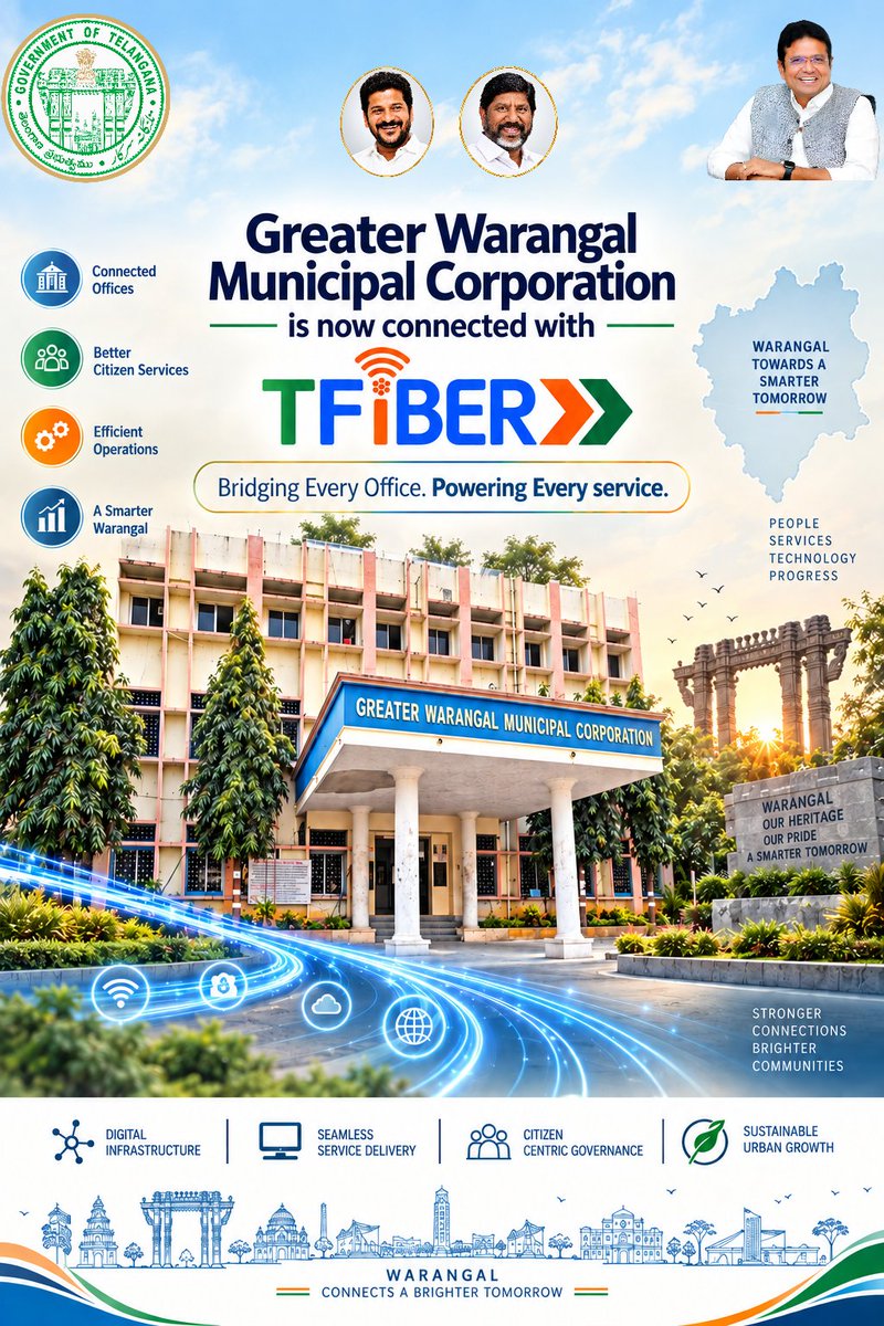 tfiberofficial's tweet photo. Bridging Every Office. Powering Every Service.⚡

Greater Warangal Municipal Corporation is now connected with T-Fiber 🚀

Strengthening digital connectivity across municipal governance, enabling faster, smarter and seamless public services.

@revanth_anumula @Bhatti_Mallu
@OffDSB @anudeepd7 @MdTfiber 

#GWMC #DigitalTelangana #SmartWarangal #tfiber