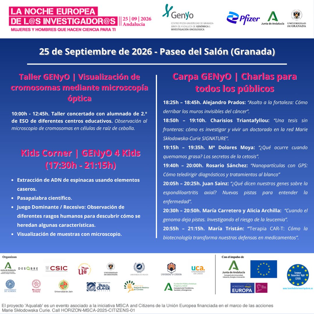 genyo_pts's tweet photo. 🧬 Este viernes, GENyO vuelve a la #ERN26 con ciencia para todos: talleres, actividades infantiles y charlas divulgativas en el Paseo del Salón.

👩‍🔬 Más de 30 personas del centro participarán en esta edición.

📅 25 de septiembre

Lee la noticia: https://t.co/GGcdQNXtDm https://t.co/Uveyhsdic6
