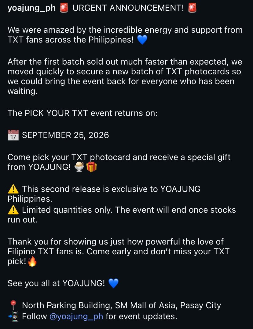 MOAbuhayAcademy's tweet photo. RESTOCK ALERT 🚨

Because of MOAs’ overwhelming engagement toward the TXT PICK event, Yoajung has decided to restock the photocards this SEPTEMBER 25, 2026 (FRIDAY) 🎉

Kitakits ulit, MOAs! 🩵 #MOAjungInPH https://t.co/R2IpGqkXJO