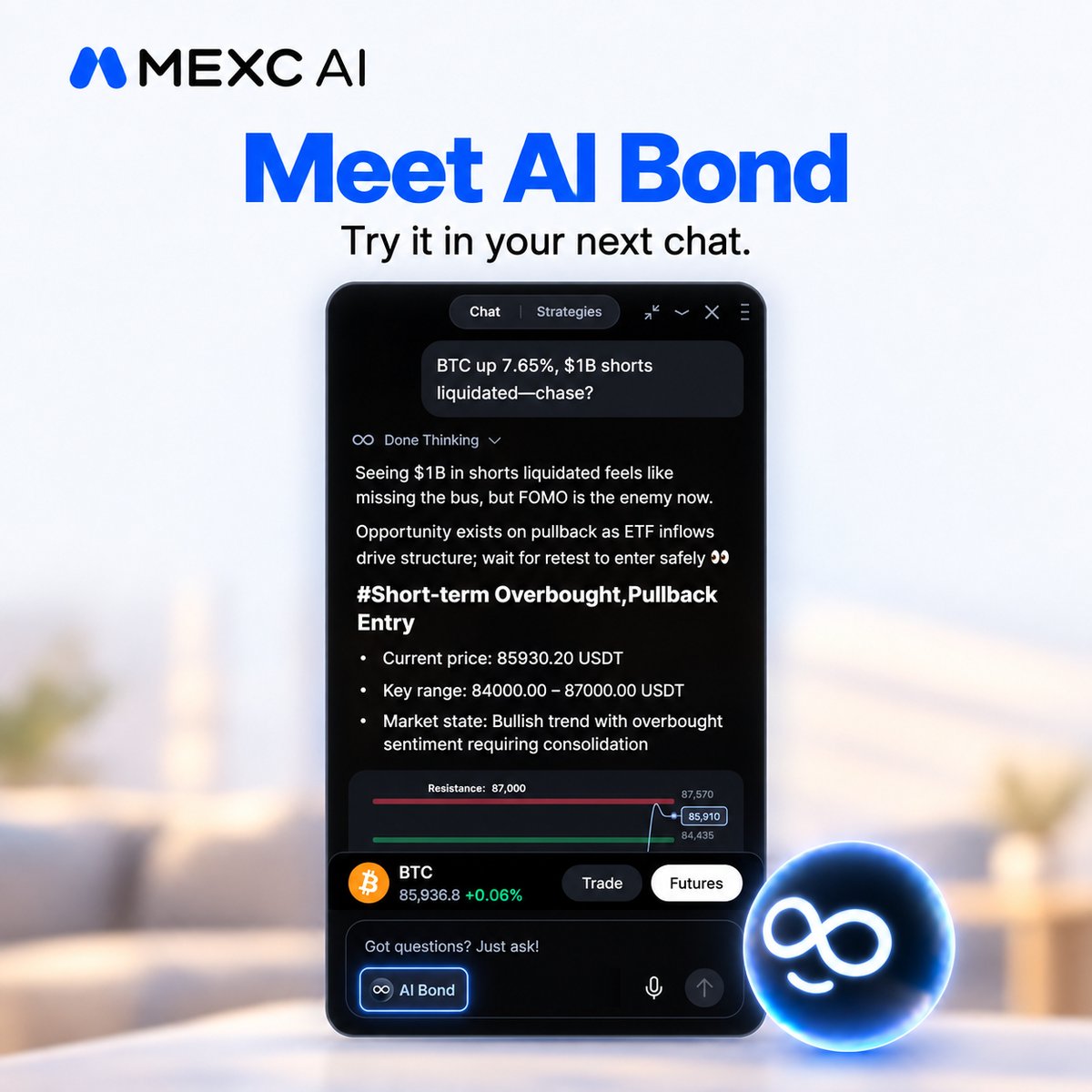 MEXC's tweet photo. You read the signal this morning. Now let MEXC AI read you. 👀

1️⃣ MEXC App → MEXC AI → AI Bond
2️⃣ Complete the test, post your result with #TradingTakesTwo

🎁 20 winners share 500 USDT. Ends Sep 30. #MEXCEventRocks https://t.co/oq1ckXsEib