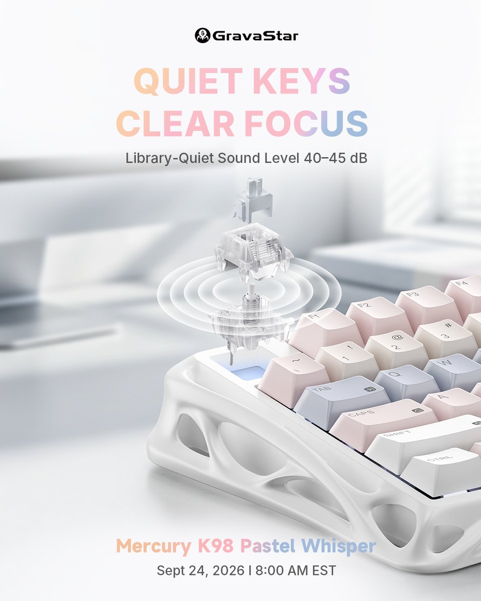 GravaStar_'s tweet photo. Mercury K98 Pastel Whisper 🤍 Quiet switches. Full-size function.   

🔇40–45 dB library-quite typing  
⌨️ 98% layout with a dedicated numpad  

🗓️ Sept 24, 2026 | 8:00 AM EST
.
.
#gravastar #mercuryk98 #k98 #silentkeyboard #keyboard https://t.co/SsnGP8w3gh