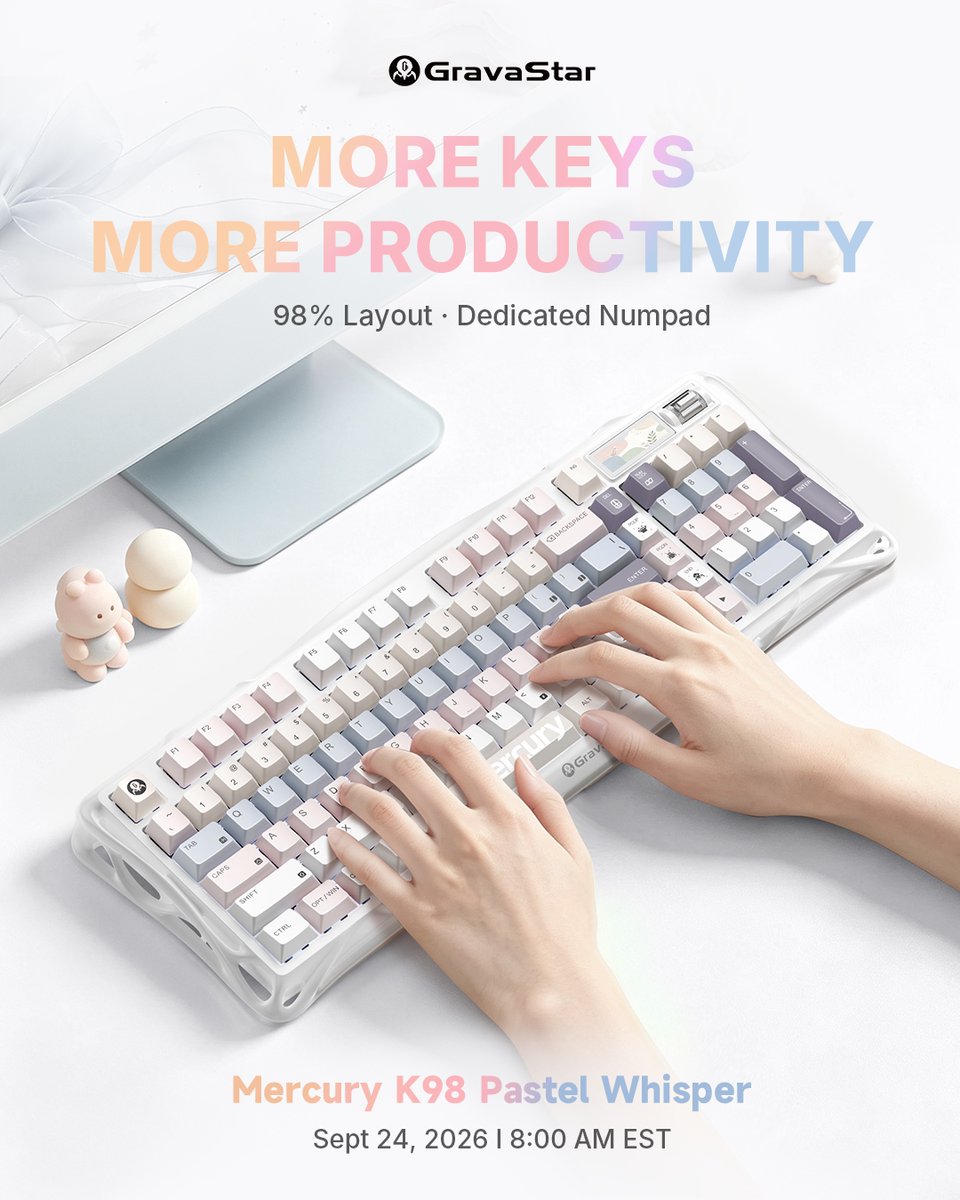 GravaStar_'s tweet photo. Mercury K98 Pastel Whisper 🤍 Quiet switches. Full-size function.   

🔇40–45 dB library-quite typing  
⌨️ 98% layout with a dedicated numpad  

🗓️ Sept 24, 2026 | 8:00 AM EST
.
.
#gravastar #mercuryk98 #k98 #silentkeyboard #keyboard https://t.co/SsnGP8w3gh