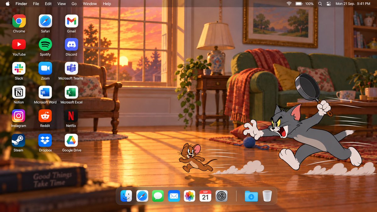 atlas_remake's tweet photo. video prompt：
Create an 18-second horizontal 16:9 video using our latest Tom and Jerry desktop wallpaper as the exact first frame. Preserve the warm living room, three-column icon grid, top menu bar, and centered bottom Dock. Replace the frying pan in Tom’s hand with one flat cooking spatula. Jerry carries nothing.
Camera: One continuous static shot. No cuts or camera movement.
0–3s: Jerry runs from right to left. Tom chases him and throws the spatula directly at Jerry. Show the spatula clearly leaving Tom’s paw and flying left in a straight, readable path.
3–5s: Jerry sees it coming and leaps upward. The spatula passes underneath him, misses, and flies straight into the third column of desktop icons. It hits the icons directly—it does not strike or bounce off the floor first.
5–7s: The six third-column icons—Gmail, Discord, Microsoft Teams, Microsoft Excel, Netflix, and Google Drive—come loose and scatter onto the floor. Their six grid positions are visibly empty. The other icons, menu bar, and centered Dock remain still.
7–11s: Tom stops, realizes what he has done, and rushes to the fallen icons. He picks up all six scattered icons from the floor and gathers them against his chest, holding them securely in both arms. Show the floor become clear as he collects them. Jerry watches nearby.
11–17s: Holding the remaining icons against his chest, Tom takes one icon at a time and places it into its correct empty position, from top to bottom: Gmail, Discord, Microsoft Teams, Microsoft Excel, Netflix, Google Drive. After each placement, that icon leaves his paw and stays in the grid; the number held against his chest decreases by one. Nothing snaps back by itself.
17–18s: Tom checks the restored column and gives Jerry an embarrassed glance. Jerry looks amused. End with all 18 icons in their original positions.
Critical action order: Tom throws the spatula → Jerry jumps clear → spatula directly hits the third column → six icons fall → Tom gathers all six against his chest → Tom replaces them one by one. Do not skip, reverse, or combine these actions. No floor ricochet, frying pan, cheese, popcorn, duplicated icons, changing logos, extra limbs, dialogue, subtitles, or camera movement.