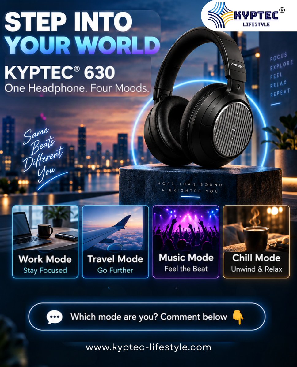 Kyptec_nitin's tweet photo. One headphone. Four moods. 🎧✨
Work, travel, music, or chill — KYPTEC® 630 is made to match every side of you. With bold sound, stylish looks, and all-day comfort, it’s the one pair that fits every vibe.
Which mode are you in today? Comment below 👇

#KyptecLifeStyle #KYPTEC630 #HybridANCHeadphones #WorkMode #TravelModeIndia's Fastest Growing Audio Brand...Designed in India.

📲 Follow twitter page @Kyptec_Audio for latest launches & exclusive offers:

🛒 Also available on Amazon
Just search on Amazon “Kyptec Headphones”
✔️ COD available
✔️ Easy EMI options

🛒 Shop Now on our Website:
https://t.co/WwzDR7pdIr

Follow the Founders of Kyptec LifeStyle:
✔️ @Kyptec_nitin 
✔️ @Kyptec_sweta