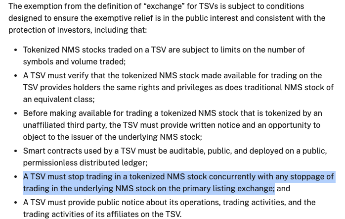wiretrading's tweet photo. The SEC’s tokenized-stock exemption opens a US route for onchain shares but it also imports the primary exchange’s halt.

During a news halt, the tokenized-share pool freezes. However, a stock perp may keep pricing the shock elsewhere, within its own oracle and risk limits.