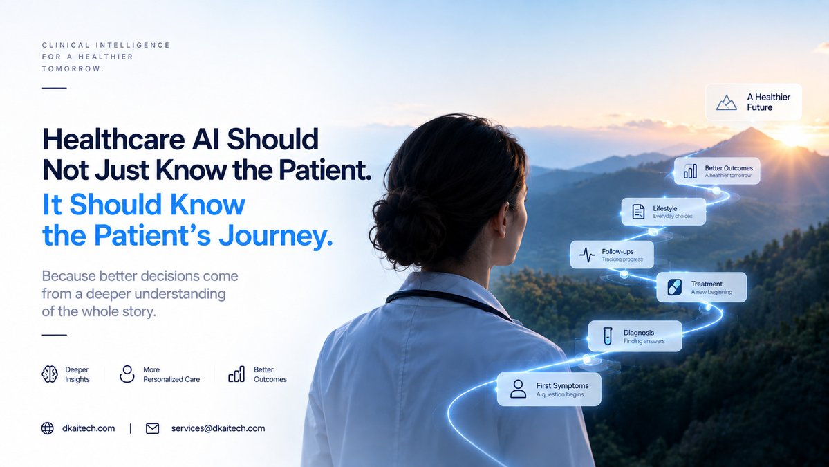 dkai_tech's tweet photo. At DKAi Health, we believe the future of clinical intelligence lies in moving from patient snapshots to continuously evolving patient journey intelligence.

Website: https://t.co/lWHvAjnOCl
Email: services@dkaitech.com

#HealthcareAI #ClinicalAI #ClinicalIntelligence #DigitalHealth #AIInHealthcare #PersonalizedHealthcare #PatientJourney #LongitudinalHealth #HealthTech #DKAiTech