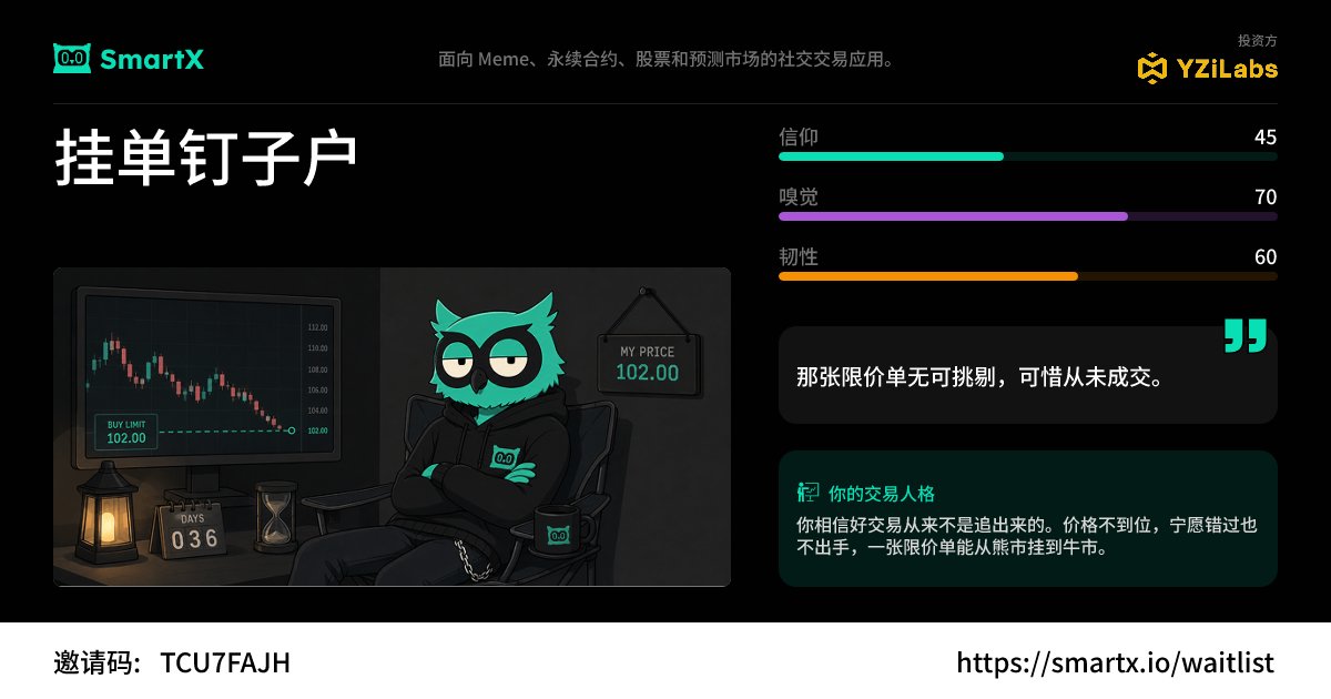 summer4506's tweet photo. 期待了一段时间的 @SmartXTerminal，Waitlist 今天终于开放了。

先说我的判断：

如果 SmartX 能把「真实仓位＋个性化匹配＋一键交易」真正做出来，它可能会成为亚洲社交交易赛道里非常值得关注的产品。

它给我的第一感觉有点像 FOMO，但两者并不完全相同。

SmartX 更强调“真实”：

• 交易员的历史表现来自真实仓位和真实 PnL
• 从交易观点可以直接进入交易，不用单独准备 Gas 或手动跨链
• 发布有仓位支撑的交易逻辑、积累影响力，可以分享自己创造的收入
• 系统会根据你的交易偏好，推荐更匹配的交易员、信号和市场
覆盖的也不只是 Meme，还包括永续合约、股票和预测市场。
主打一个：看的是真仓位，不是盈利截图。
背景方面，SmartX 已获得 YZi Labs 支持。这个标签能提高我的关注度，但背书不等于产品已经成功，最终还是要看正式上线后的交易体验、流动性和真实留存。

目前 Waitlist Chapter One 已开启：

1️⃣ 完成6道交易人格测试
2️⃣ 将测试结果和专属邀请链接发布到X
3️⃣ 返回页面提交推文链接，完成验证
4️⃣ 邀请有效用户积累Boost，提高排名

👉 https://t.co/B0FbyzKtjf

排名靠前的用户可以获得App优先体验、手续费折扣、Genesis身份及最高10,000 USDT社区奖励池等权益。

需要说明的是：官方目前没有公布发币或空投计划，所以不要直接把Waitlist等同于空投凭证。但越早参与、贡献越多，确实越有机会进入第一批核心用户名单。
SmartX让我想到早期的Aster，不是因为两者产品完全一样，而是都有「强背景＋早期窗口＋用户贡献机制」这几个特征。
预期可以有，但先不急着吹结果。
产品上线后，真仓位、真交易、真留存，才是最终答案。

#SmartX