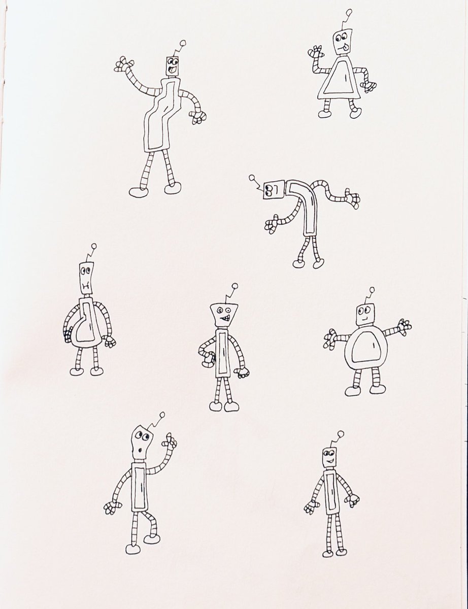 RandyAnd77's tweet photo. Day 2635. Out of Shape. My robots put themselves in all kinds of positions and shapes to make the point. Robots are never out of shape. #outofshape #simpledailydrawing #robots #frumpysketch  @SDDArtCommunity https://t.co/CT392aeoVI