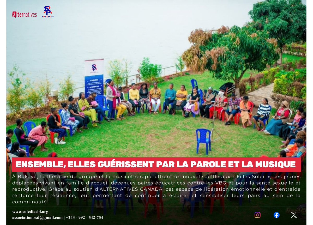 SofediOng's tweet photo. À Buakvu, la musicothérapie et la thérapie de groupe aident les « Filles Soleil » les  jeunes déplacées devenues paires éducatrices en santé sexuelle et VBG à surmonter leurs traumatismes. Avec l’appui d'ALTERNATIVES CANADA,cet accompagnement psychosocial renforce leur résilience https://t.co/Crqs0avMel