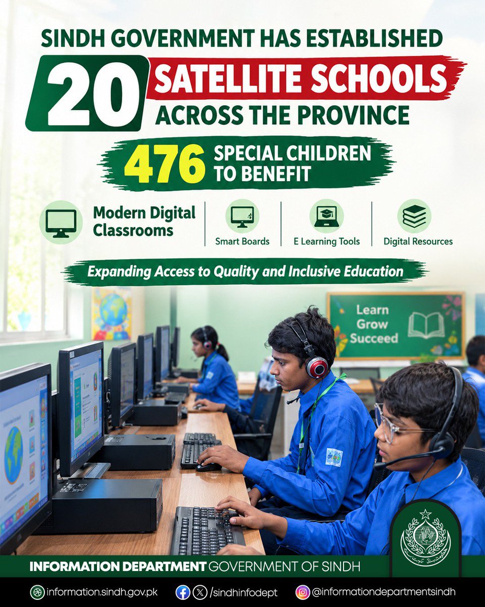 sindhinfodepart's tweet photo. The Sindh Government has established 20 satellite schools across the province, providing approximately 476 children with access to educational opportunities. Smart boards, e learning tools and other modern educational facilities have also been provided in digital classrooms. This initiative will further enhance access to modern teaching and learning resources, enabling special children to benefit from quality and inclusive education.