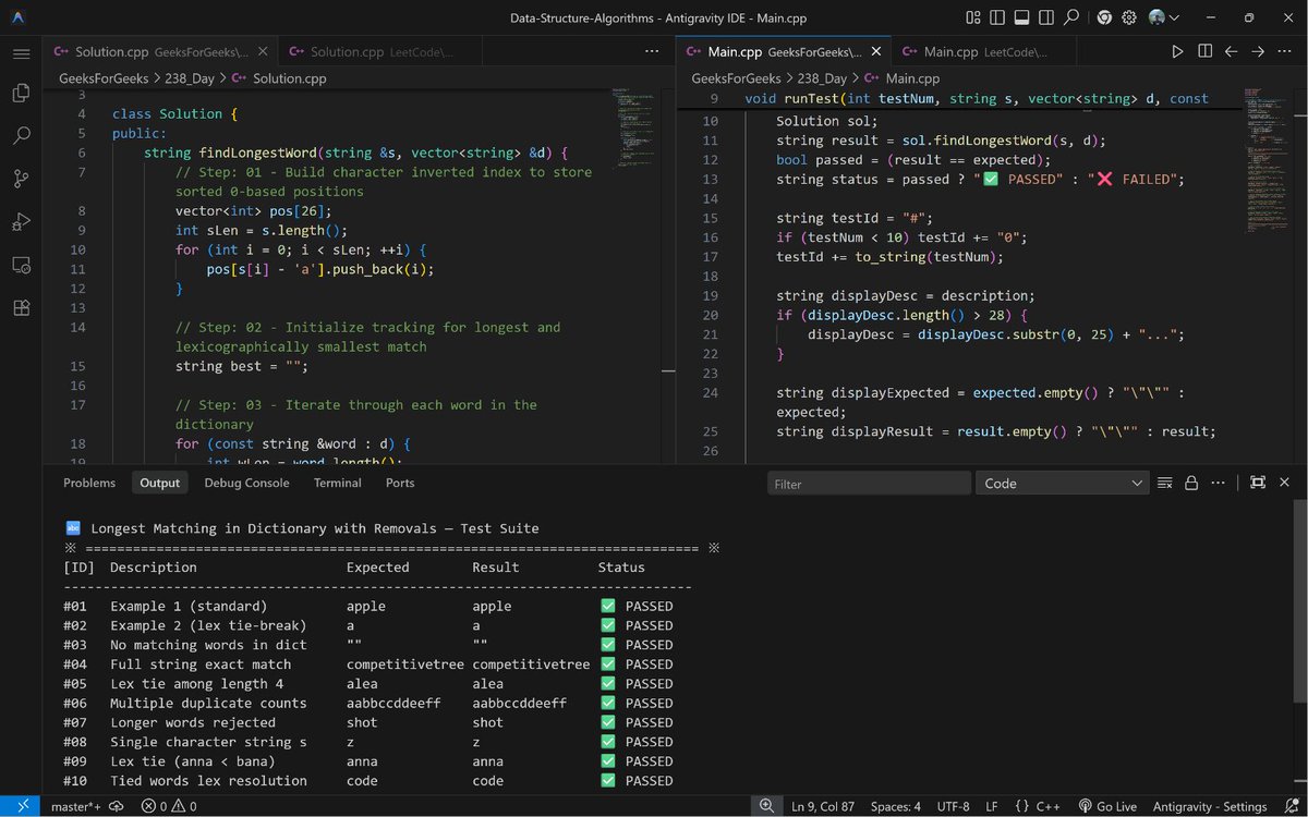 PankajB42550's tweet photo. 🚀 #Day 238/100 – Longest Matching in Dictionary with Removals (GFG)

💡 Preprocess s into 26 sorted position vectors. Use upper_bound to check subsequences in O(log|s|) per char. Prune aggressively.

⌛O(|s| + Σ|w|·log|s|) | O(|s|)

 #DSA #Strings #BS #InvertedIndex #DAY238 https://t.co/24jjJfGmGR