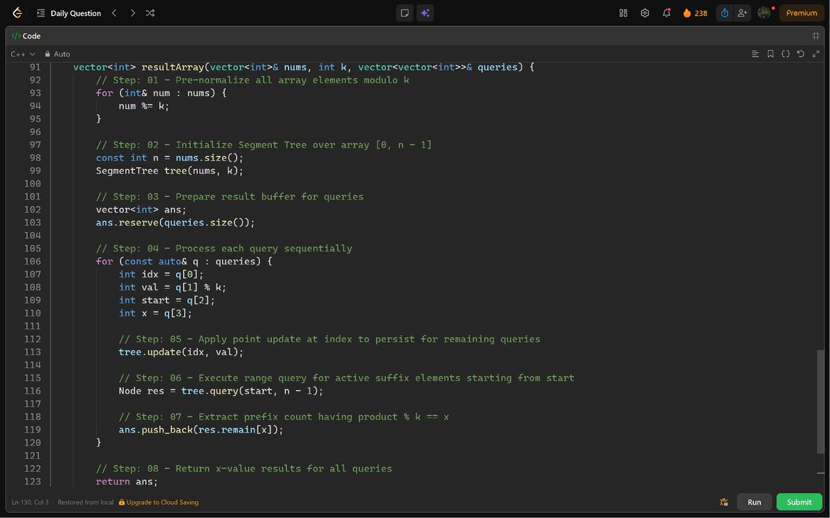 PankajB42550's tweet photo. 🚀 #Day 238/100 – Product of Array Except Self (@LeetCode  238)

💡Key:  Left prefix × right suffix in two passes. No division, O(1) extra space.

⌛ O(n) | O(1)

Consistency > Intensity. Keep pushing ! 💪

#100DaysOfCode #DSA #Array #PrefixProduct #DAY238 https://t.co/DmHpYdpTfe