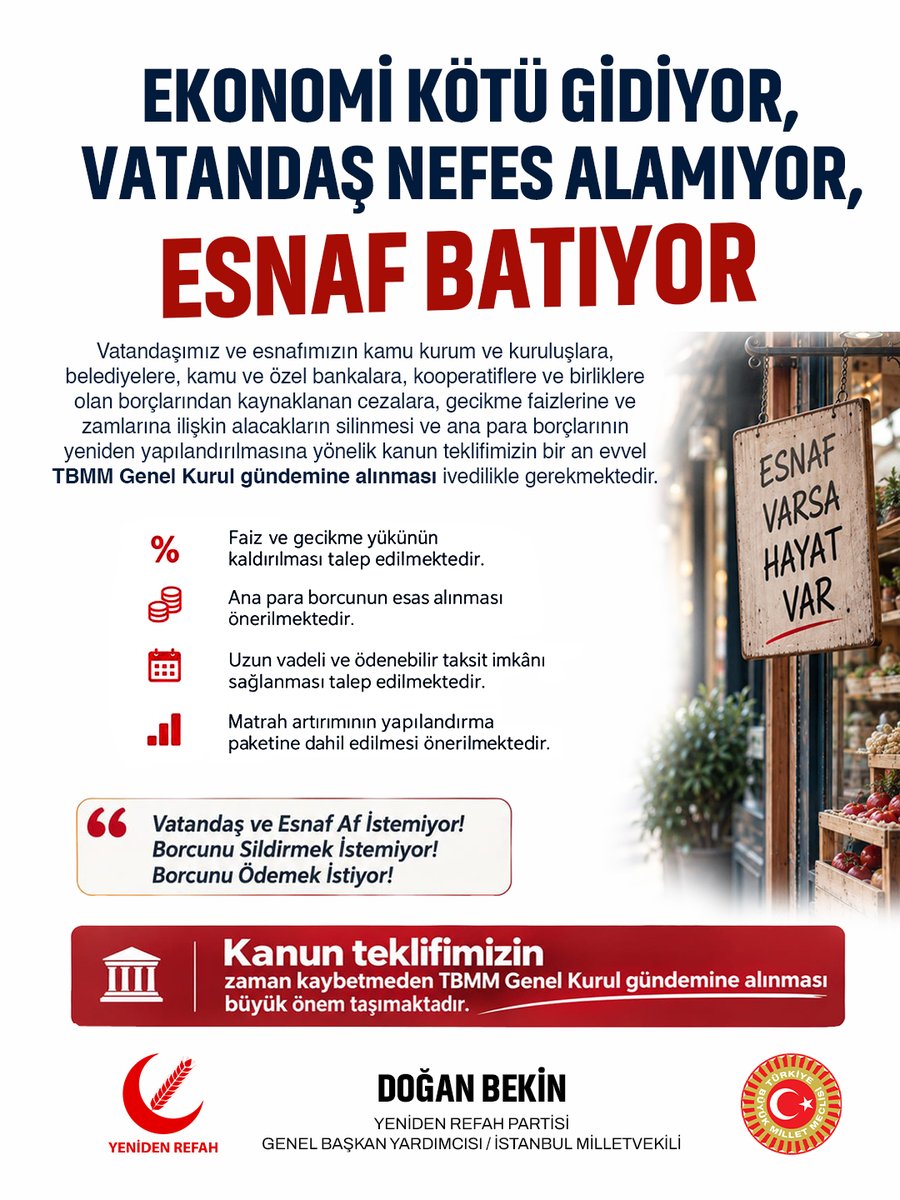 rprefahpartisi's tweet photo. Kamu kurum ve kuruluşlara, belediyelere, kamu ve özel bankalara, kooperatiflere ve birliklere olan borçlarından kaynaklanan cezalara, gecikme faizlerine ve zamlarına ilişkin alacakların silinmesi ile ana para borçlarının ise yeniden yapılandırılmasına yönelik kanun teklifimiz ivedilikle TBMM Genel Kurul Gündemine alınmalıdır.