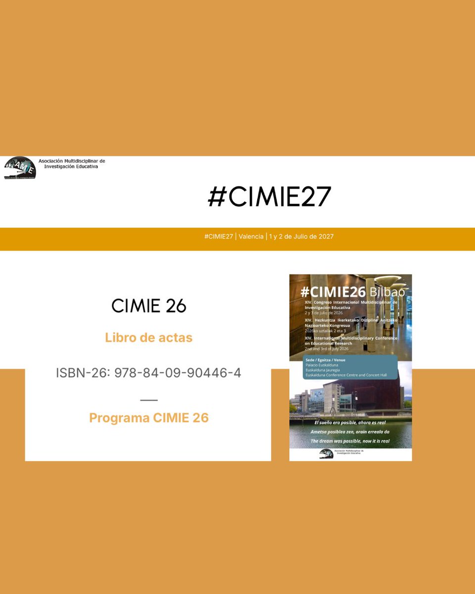 AsociacionAMIE's tweet photo. 📚 ¡Ya está disponible en nuestra web el Libro de Actas de CIMIE26!
¿Quieres que tu comunicación forme parte del Libro de Actas de CIMIE27?
👉 ¡Ya puedes enviarla!
📅 El plazo de envío está abierto hasta el 25 de enero de 2027 
🌐 Toda la información https://t.co/5lkG7Vgr6R https://t.co/7Gs1ZGLqMF