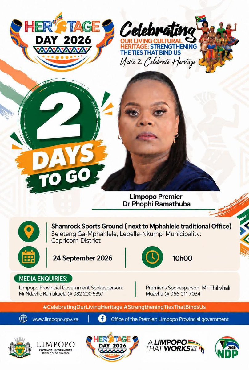 LimpopoDSAC's tweet photo. 2 days to go to Provincial Heritage Day Commemoration https://t.co/w5xaoEaGrh