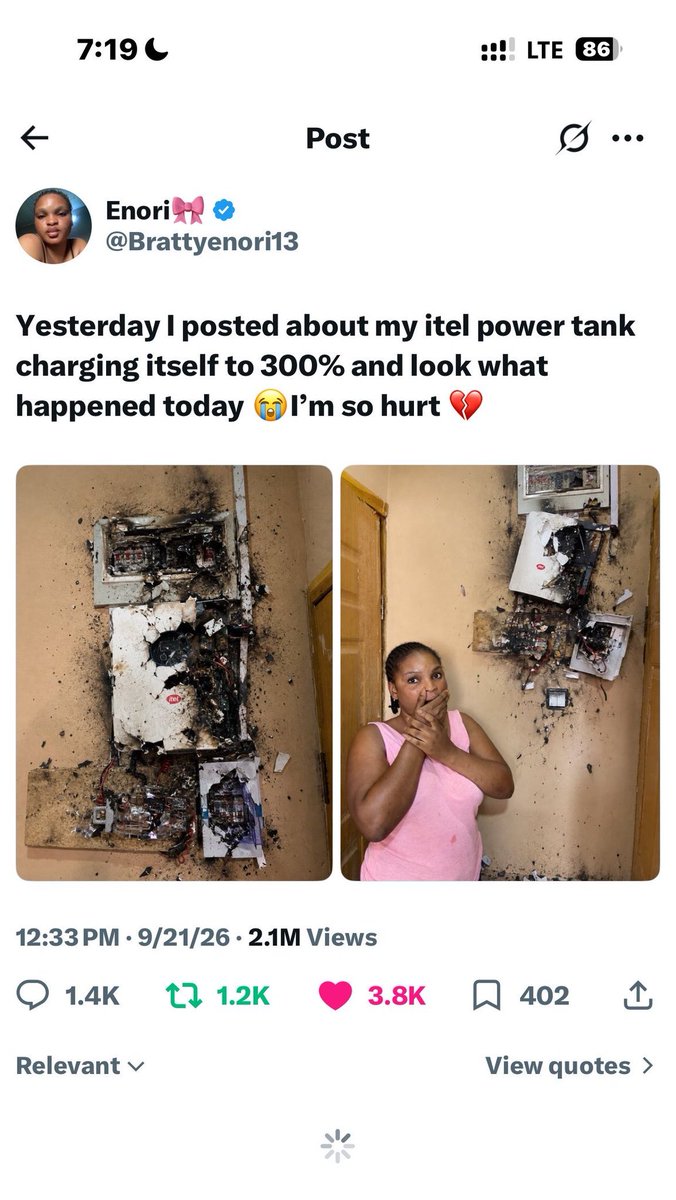 TheInsider4b's tweet photo. 🚨 BREAKING: Nigerian X user Enori is reportedly in trouble after a post about @itelNigeria’s Power Tank sparked a major controversy online.

The alleged arrest is currently making rounds on X, but details surrounding what happened  and why Enori was reportedly arrested https://t.co/WPIiPyiU3P