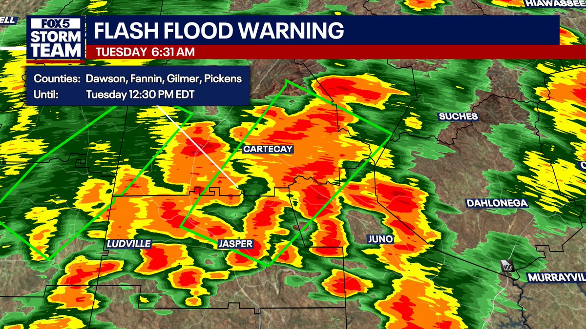JoanneFOX5's tweet photo. A Flash Flood Warning has been issued for Pickens, Gilmer, Dawson, Fannin Counties until 9/22 12:30PM. https://t.co/b3bSpyMDib