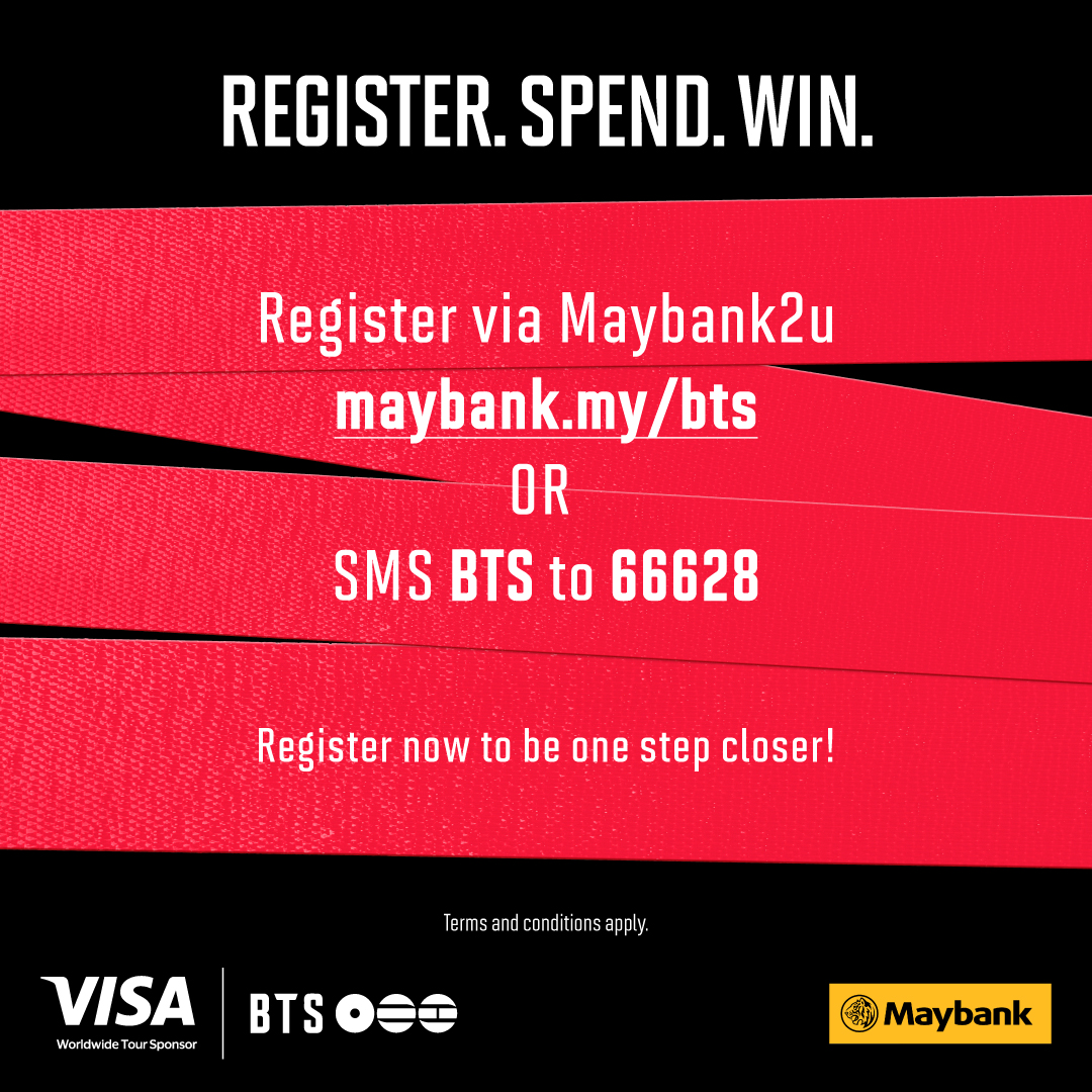 MyMaybank's tweet photo. Spend a min. of RM400 cumulatively with your Maybank Visa Debit Card &amp; stand a chance to win a pair of tickets to BTS WORLD TOUR ‘ARIRANG’, courtesy of Visa.

Campaign Period: 23 September 2026 - 1 November 2026. T&amp;C apply. 
Register now at https://t.co/GG6zfLecvr https://t.co/BYqmtdYkGj
