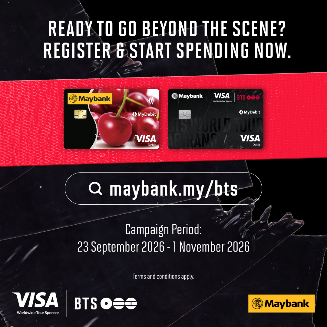 MyMaybank's tweet photo. Spend a min. of RM400 cumulatively with your Maybank Visa Debit Card &amp; stand a chance to win a pair of tickets to BTS WORLD TOUR ‘ARIRANG’, courtesy of Visa.

Campaign Period: 23 September 2026 - 1 November 2026. T&amp;C apply. 
Register now at https://t.co/GG6zfLecvr https://t.co/BYqmtdYkGj