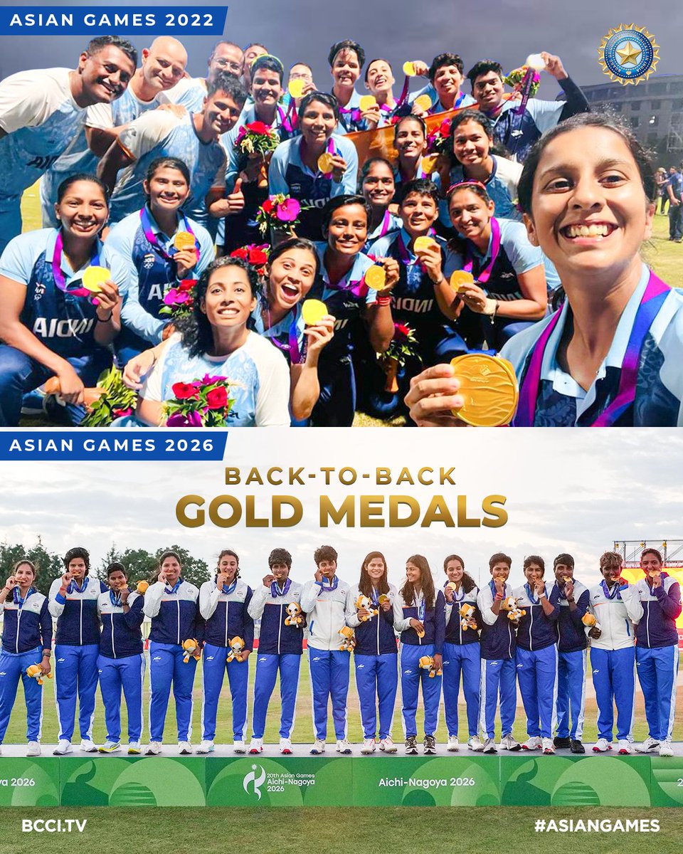 BCCIWomen's tweet photo. Repeating a monumental feat 😌🤩

#AsianGames Gold Medal successfully defended 🏅

#TeamIndia https://t.co/VGl2BX37TQ