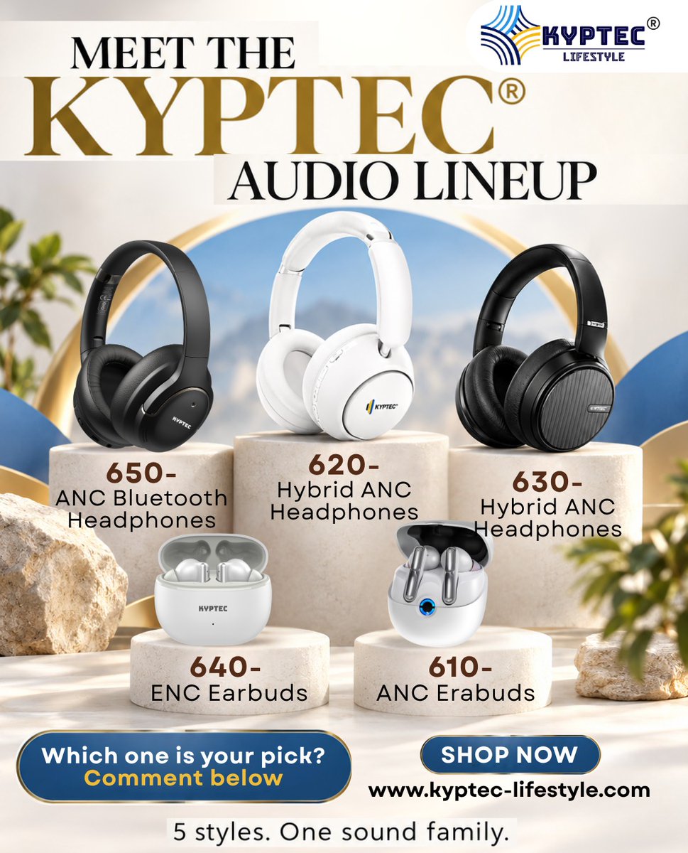 Kyptec_Audio's tweet photo. Meet the KYPTEC® audio family — one lineup, many moods. 🎶
From everyday earbuds to premium headphones, there’s a KYPTEC® sound companion for work, calls, travel, focus, and fun. Whether you choose 610, 620, 630, 640, or 650, your perfect vibe starts here.
Which one is your pick? Tell us below 👇
 India's Fastest Growing Audio Brand...Designed in India.  📲 Follow twitter page @Kyptec_Audio for latest launches & exclusive offers:  🛒 Also available on Amazon Just search on Amazon “Kyptec Headphones” ✔️ COD available ✔️ Easy EMI options  🛒 Shop Now on our Website: https://t.co/zqVUObaXtQ Follow the Founders of Kyptec LifeStyle: ✔️ @Kyptec_nitin ✔️ @Kyptec_sweta

#KyptecLifeStyle #KYPTECAudio #KYPTEC610 #KYPTEC620 #KYPTEC630 #KYPTEC640