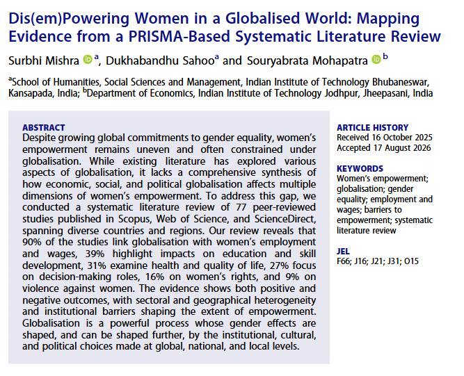 GloblSociety's tweet photo. 🚨Another new #OnlineFirst article out with Global Society!🚨
"Dis(em)Powering Women in a Globalised World: Mapping Evidence from a PRISMA-Based Systematic Literature Review" is by Surbhi Mishra, Dukhabandhu Sahoo, and Souryabrata Mohapatra
Do be sure to give it a read!👇 https://t.co/vbX03etem6