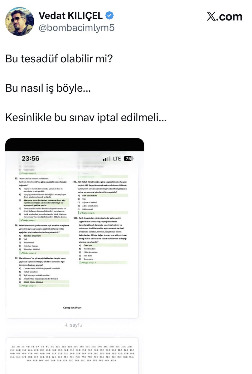 fatiheryilmaz0's tweet photo. TÜRK MİLLETİ ADINA UYARIYORUM

İPTAL EDİLEN SINAV 

Atatürk Üniversitesi tarafından 19 Eylül’de gerçekleştirilen Jandarma ve Sahil Güvenlik Personeli Yazılı Sınavı, cevap anahtarındaki doğru seçeneklerin soru kitapçığının bir bölümünde belirli bir düzende sıralandığının tespit edilmesi üzerine iptal edilmiş.

İptal ile ilgili haberlerde iptal sebebi olarak, “cevap anahtarındaki doğru seçeneklerin soru kitapçığının bir bölümünde belirli bir düzen izleyecek biçimde sıralandığı belirlendi. Yapılan teknik incelemede bu durumun, sınav materyallerinin hazırlanması aşamasında seçeneklerin rastgele dağıtılması sırasında meydana gelen teknik bir aksaklıktan kaynaklandığı tespit edildi.” diye izah edilmiş.

Ancak takip edebildiğim kadarıyla, 20 Eylül'de X’te yapılan paylaşımda kullanıcı, kendisine ulaşan takipçisinin mesajını aktararak, cevap anahtarının 60. soruya kadar ABCDE örüntüsüyle gitmesine dikkat çekmiş ve bu tesadüf mü diye sorarak sınavda olabilecek şaibeye dikkat çekmişti. 

Bu somut gerçek ortadayken sanki bir ihbar yokmuş ve yapılan incelemede şaibe tespit edilmiş havası veriliyor. Ayrıca sınav hazırlanırken seçeneklerin rastgele dağıtılması sırasında meydana gelen teknik bir aksaklık denilerek olayın sorumlusu teknik aksaklığa yükleniyor. Rastgele dağıtmışlar ama belirli bir düzende denk gelmiş. Yersen.

FETÖ’ nün sınav şaibelerini unutmadık. FETÖ tasfiye edildiyse bu tesadüfleri??? kim yapıyor. Yüzbinlerce gencin hakkını yediler. Yapılan şaibeler sonucu gelecek umutları yok edilen gençler ya bu ülkeyi terk ediyor yada intihar ediyor. Yetkili makamlar, müfettiş görevlendirin, binlerce gencin kul hakkına girmeye kalkanları bulun ve cezalandırın.

#JandarmaVeSahilGüvenlikSınavı