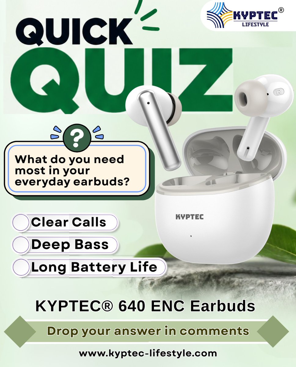 Kyptec_Audio's tweet photo. What matters most in your everyday earbuds? 🤍
Clear calls, deep bass, or long battery life — KYPTEC® 640 ENC Earbuds are designed to keep up with your routine while keeping your sound smooth, sharp, and comfortable.
Drop your answer in the comments 👇
 India's Fastest Growing Audio Brand...Designed in India.  📲 Follow twitter page @Kyptec_Audio for latest launches & exclusive offers:  🛒 Also available on Amazon Just search on Amazon “Kyptec Headphones” ✔️ COD available ✔️ Easy EMI options  🛒 Shop Now on our Website: https://t.co/zqVUObaXtQ Follow the Founders of Kyptec LifeStyle: ✔️ @Kyptec_nitin ✔️ @Kyptec_sweta

#KyptecLifeStyle #KYPTEC640 #ENCEarbuds #ClearCalls #DeepBass #LongBatteryLife